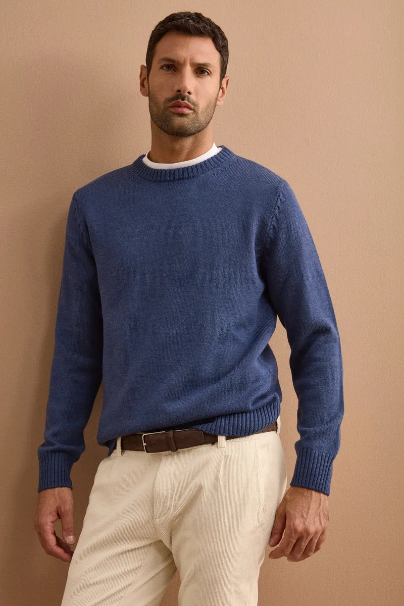 Pullover Girocollo in Pura Lana Merino - BLU APERTO