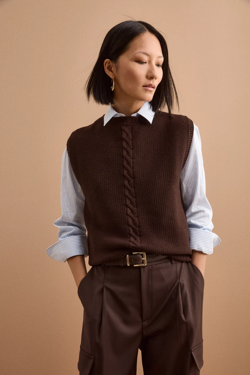 Gilet Boxy Fit con Motivo Treccia in Lana Merino - T.MORO
