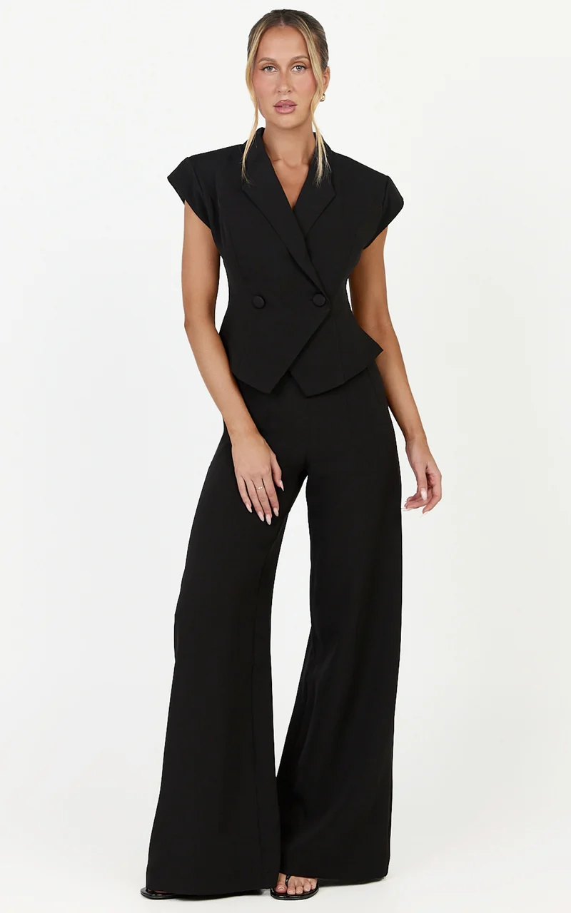 Poppy Top - Cap Sleeve Double Breasted Vest Top in Black