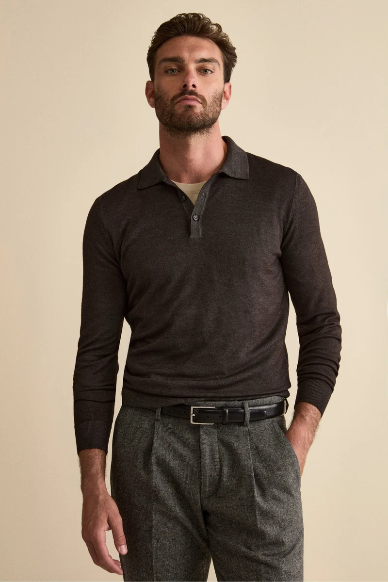 Polo in Maglia con Bottoni in Lana Merino - MARRONE