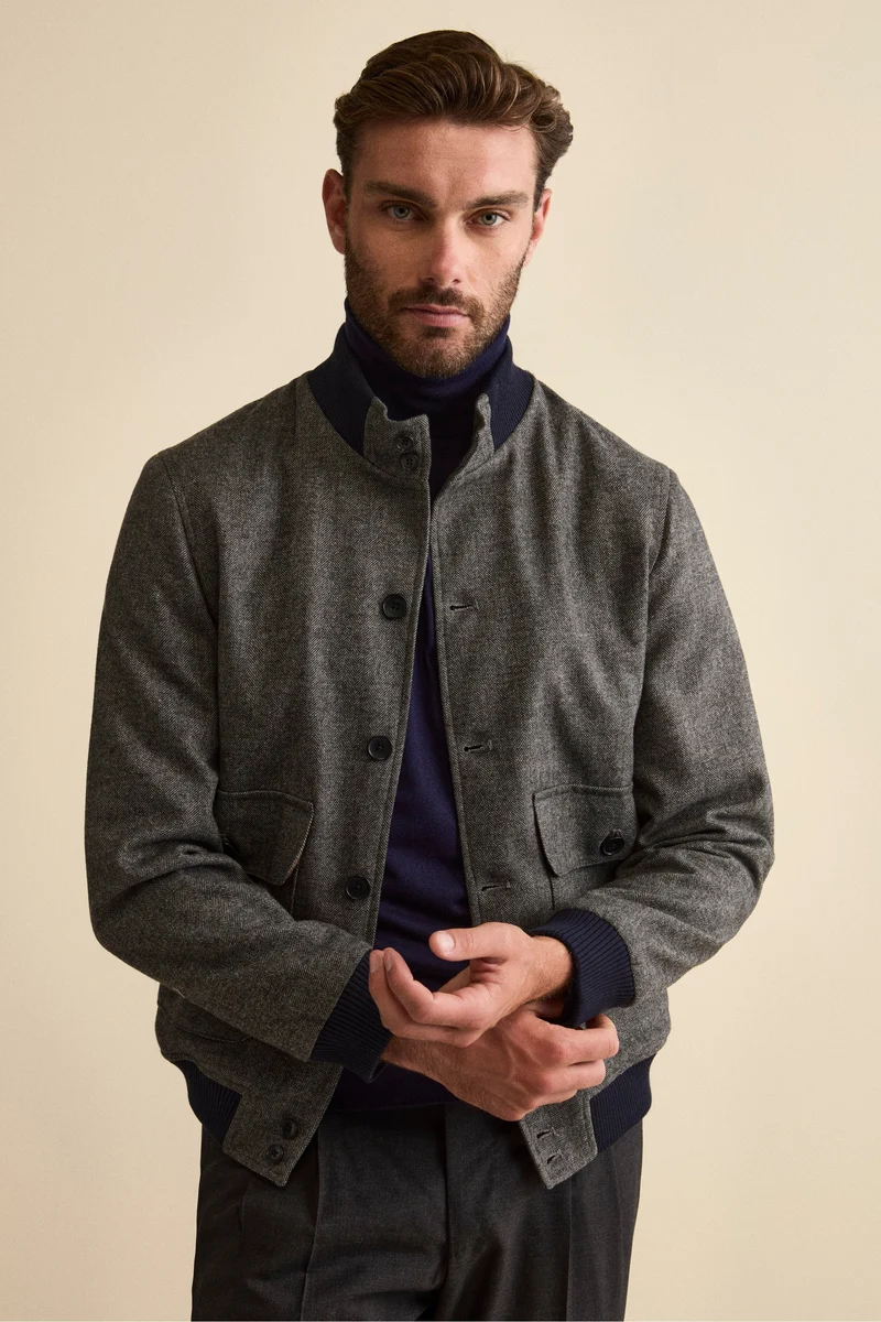 Bomber Spigato con Tasche in Misto Lana - GRIGIO SPIGATO