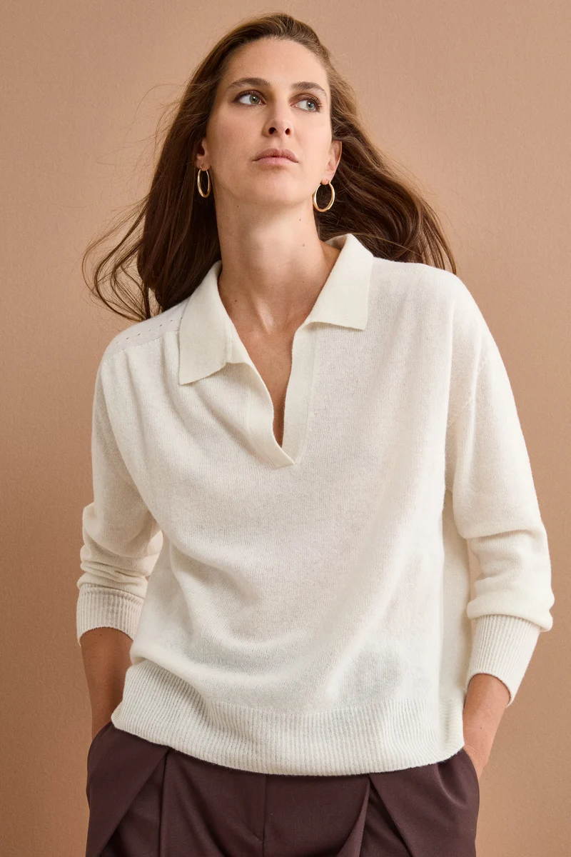Polo Boxy Manica Lunga in Lana e Cashmere - BIANCO OTTICO