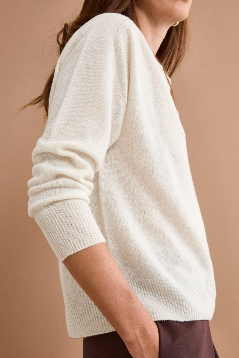 Polo Boxy Manica Lunga in Lana e Cashmere - BIANCO OTTICO