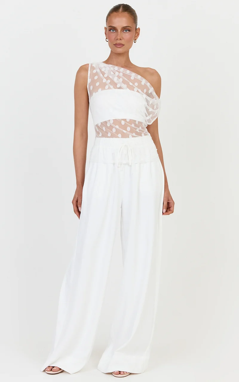 Bessette Top - Polka Dot Mesh Asymmetric Draped Top With Bandeau in Ivory