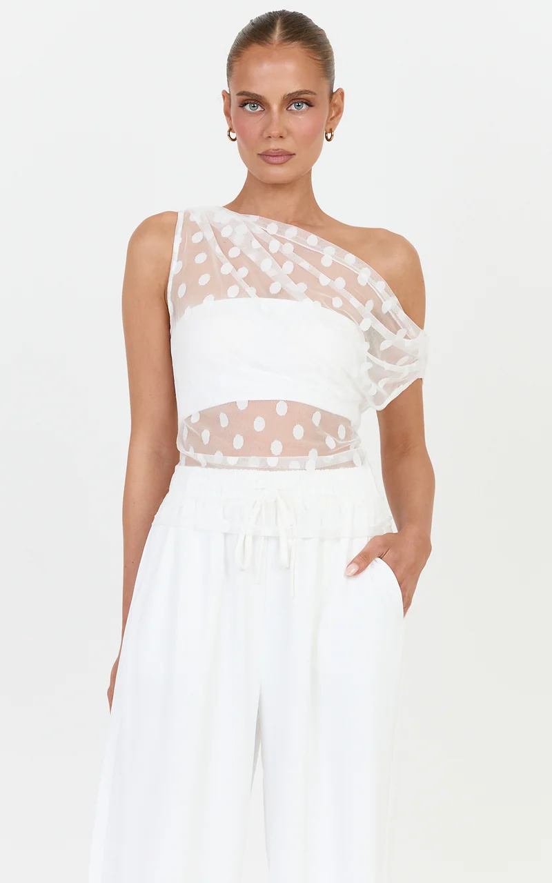 Bessette Top - Polka Dot Mesh Asymmetric Draped Top With Bandeau in Ivory