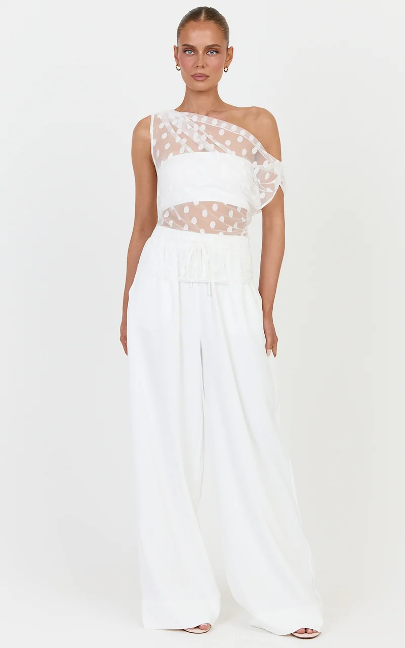 Bessette Top - Polka Dot Mesh Asymmetric Draped Top With Bandeau in Ivory