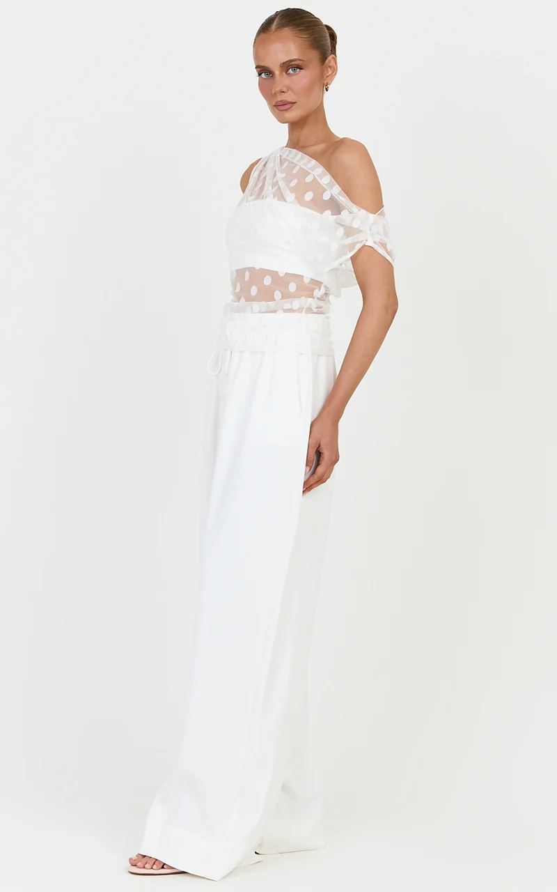 Bessette Top - Polka Dot Mesh Asymmetric Draped Top With Bandeau in Ivory