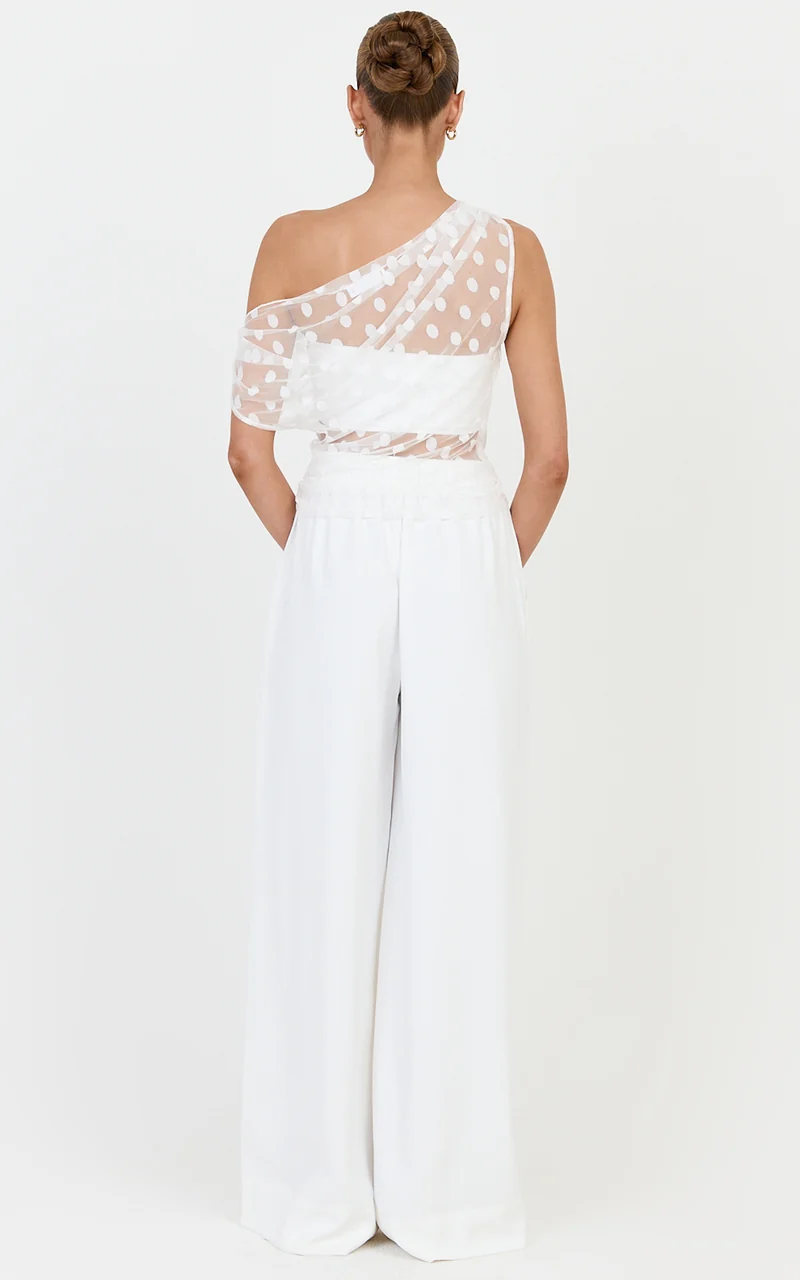 Bessette Top - Polka Dot Mesh Asymmetric Draped Top With Bandeau in Ivory