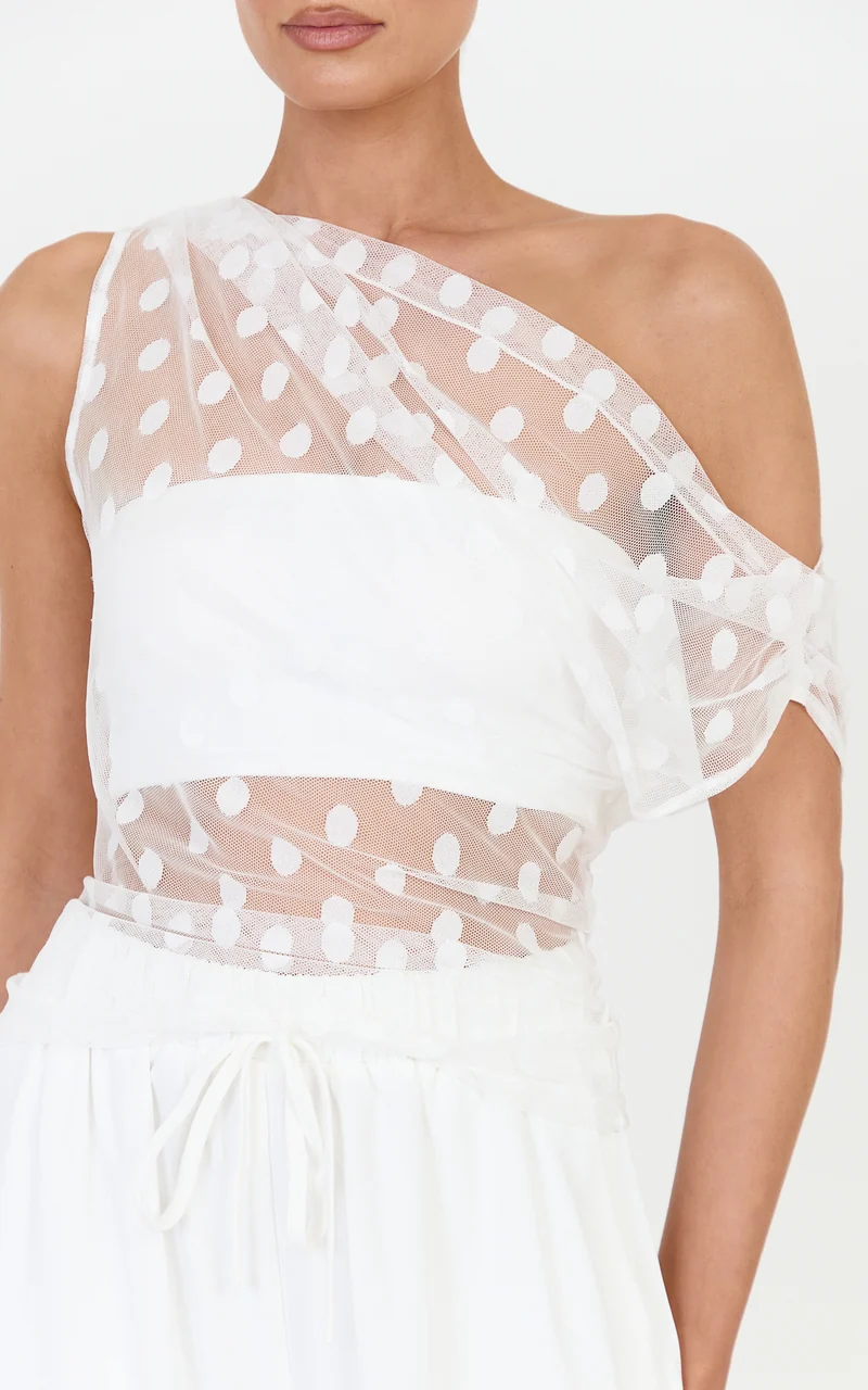 Bessette Top - Polka Dot Mesh Asymmetric Draped Top With Bandeau in Ivory