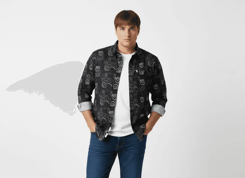 Kamro Hemd Herren Übergröße 4XL-10XL Schwarz bedruckt Brusttasche