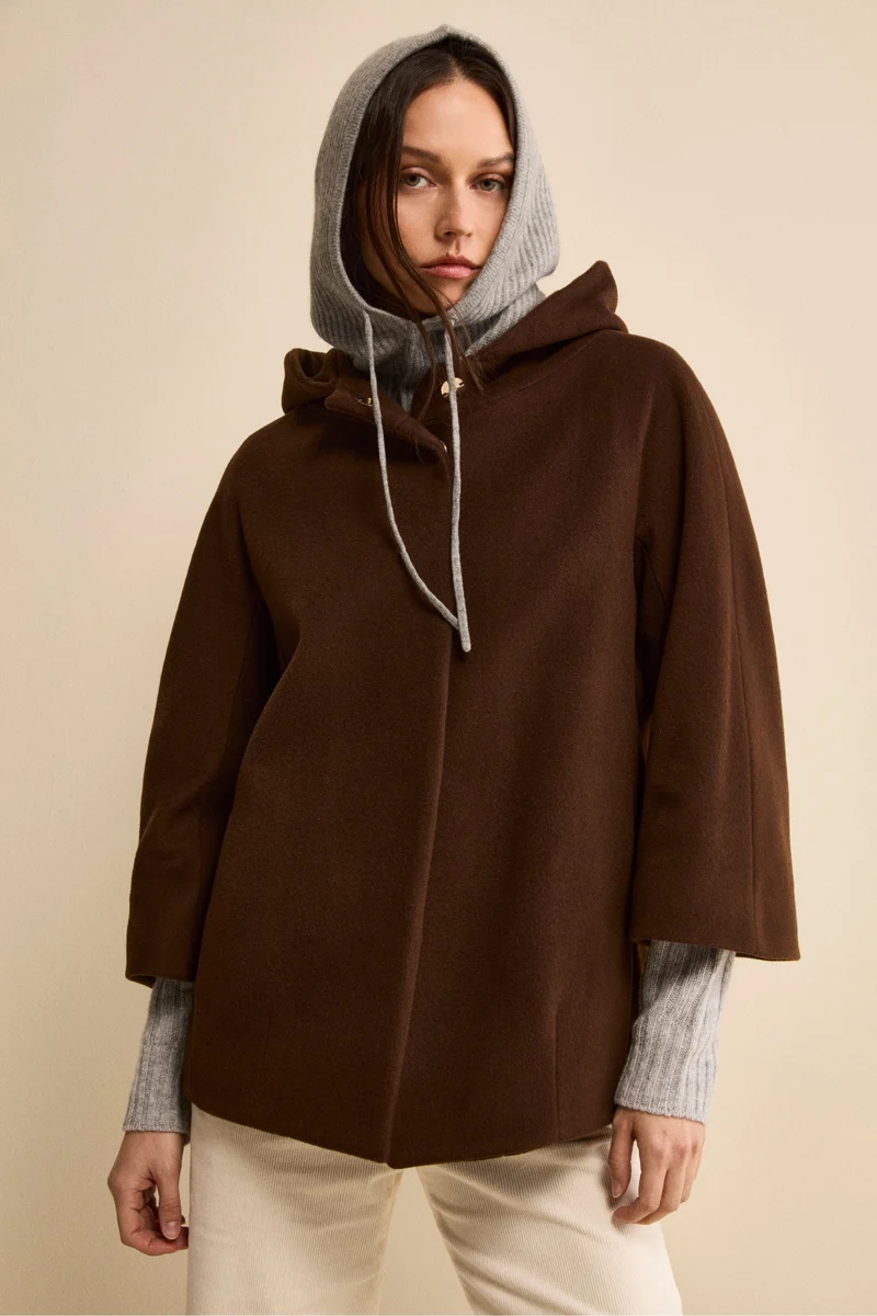 Cappa in Lana e Cashmere Foderata con Cappuccio - MARRONE