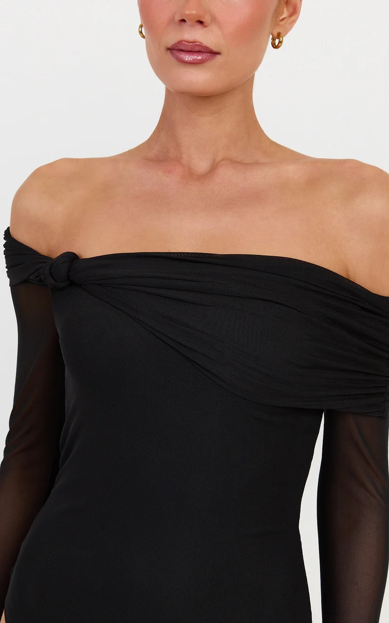 Amy Bodysuit - Off The Shoulder Long Sleeve Bodysuit with Twist Neck Detail in Black