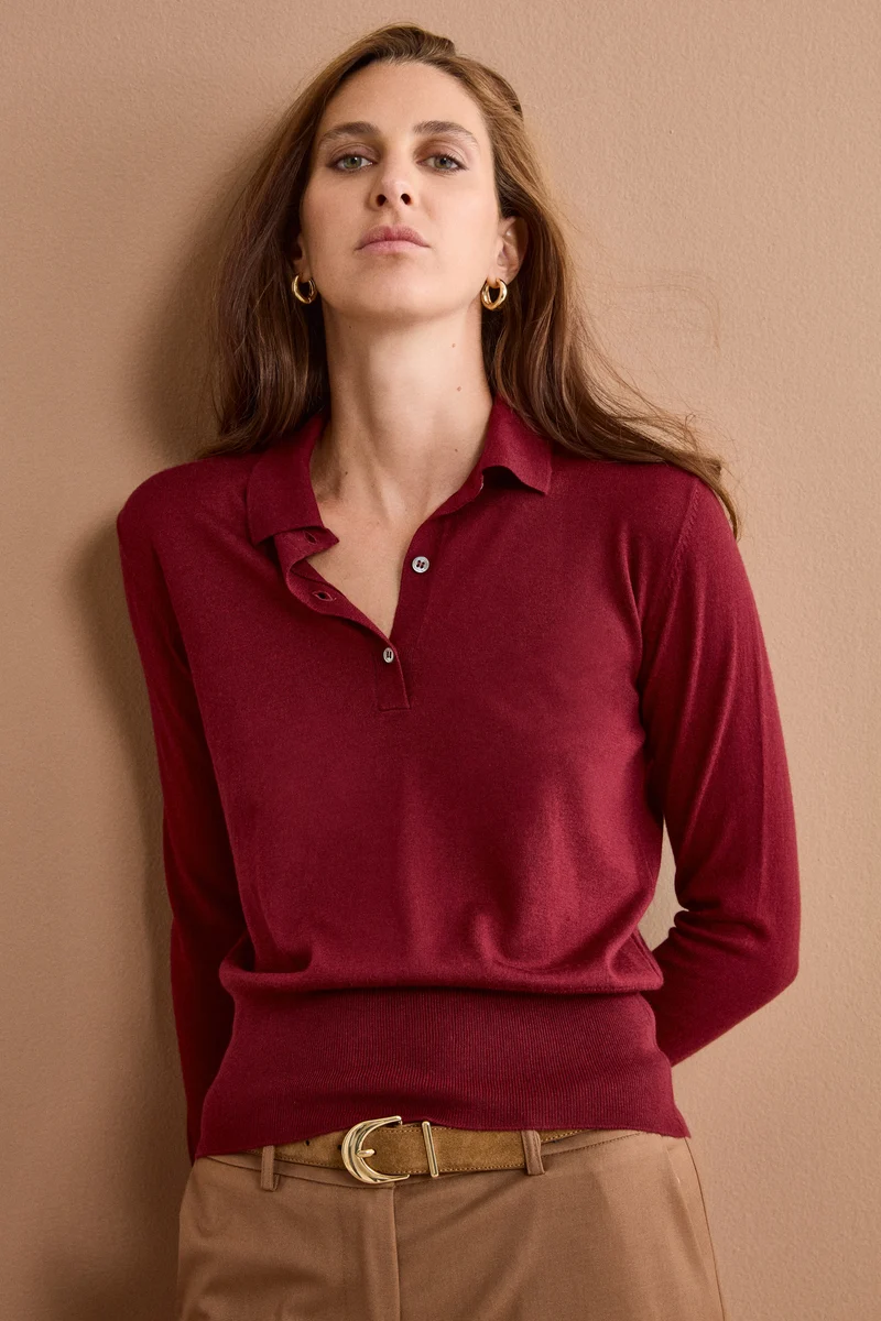 Polo Boxy Manica Lunga in Seta e Cashmere - BORDEAUX