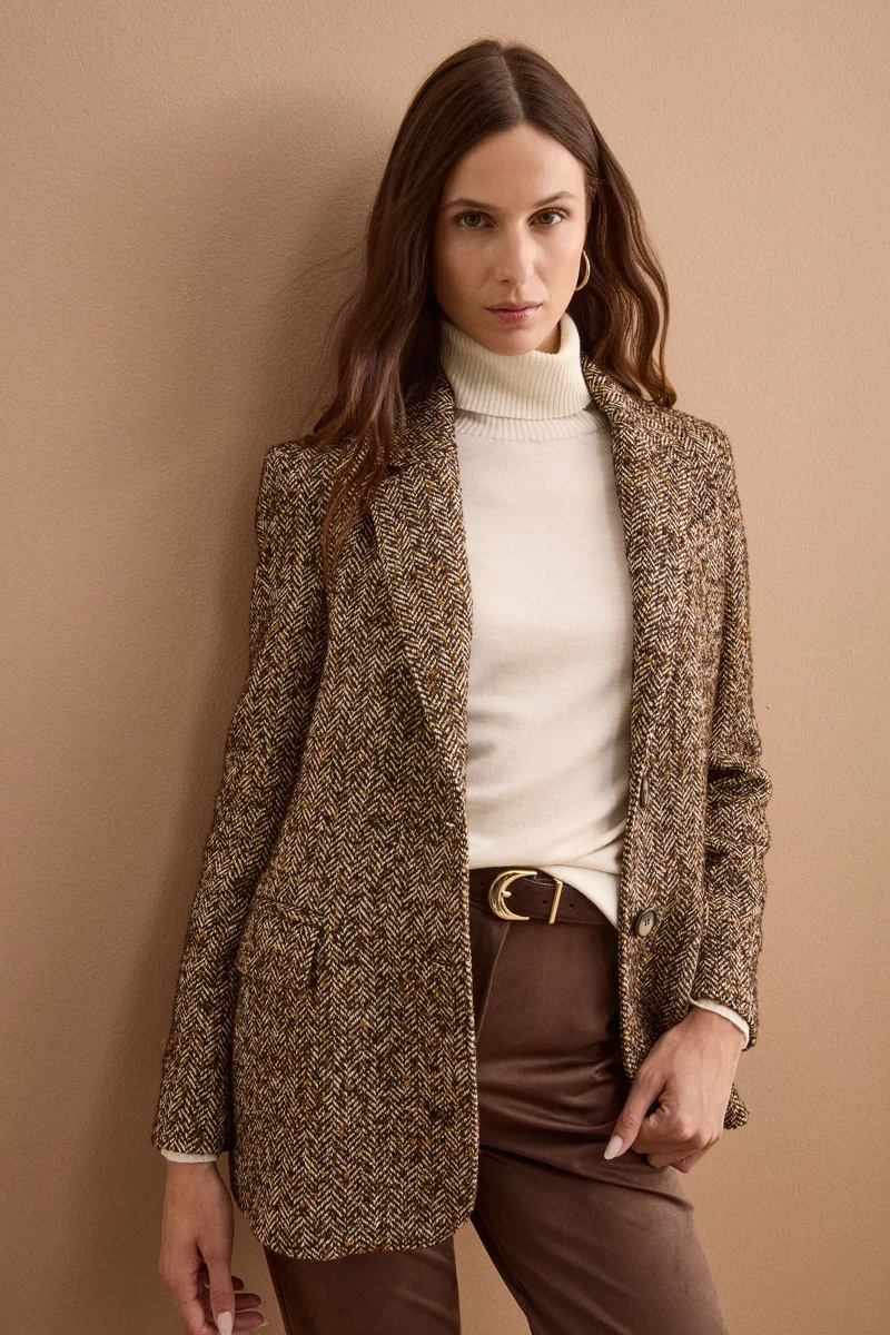 Blazer in Tweed con Toppe in Misto Lana - MARRONE SPIGATO