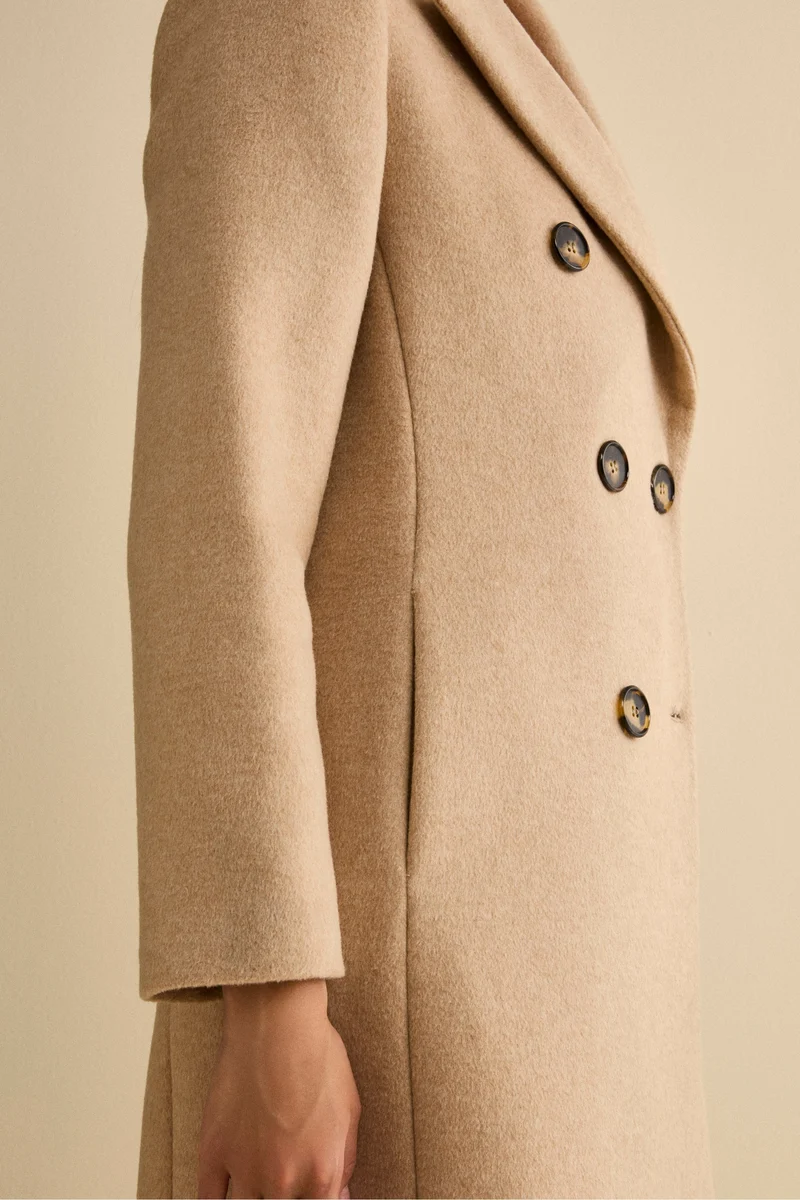 Cappotto Doppiopetto Foderato Lungo in Misto Lana - PANNA