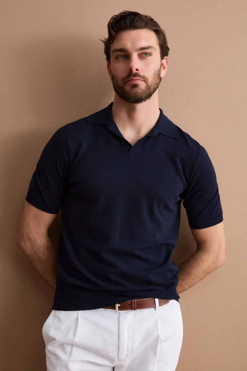 Polo in Maglia di Cotone Crêpe - BLU
