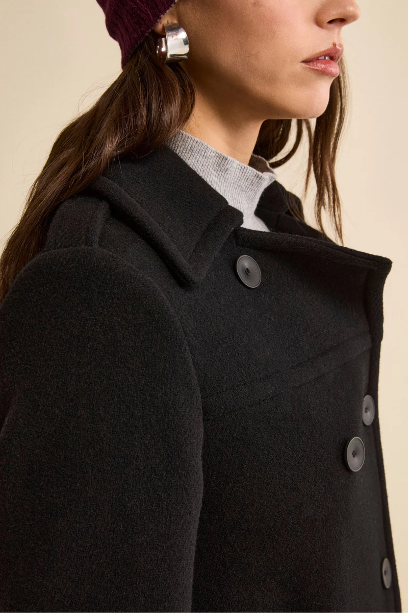 Cappotto Midi Doppiopetto in Lana Vergine con Martingala - NERO
