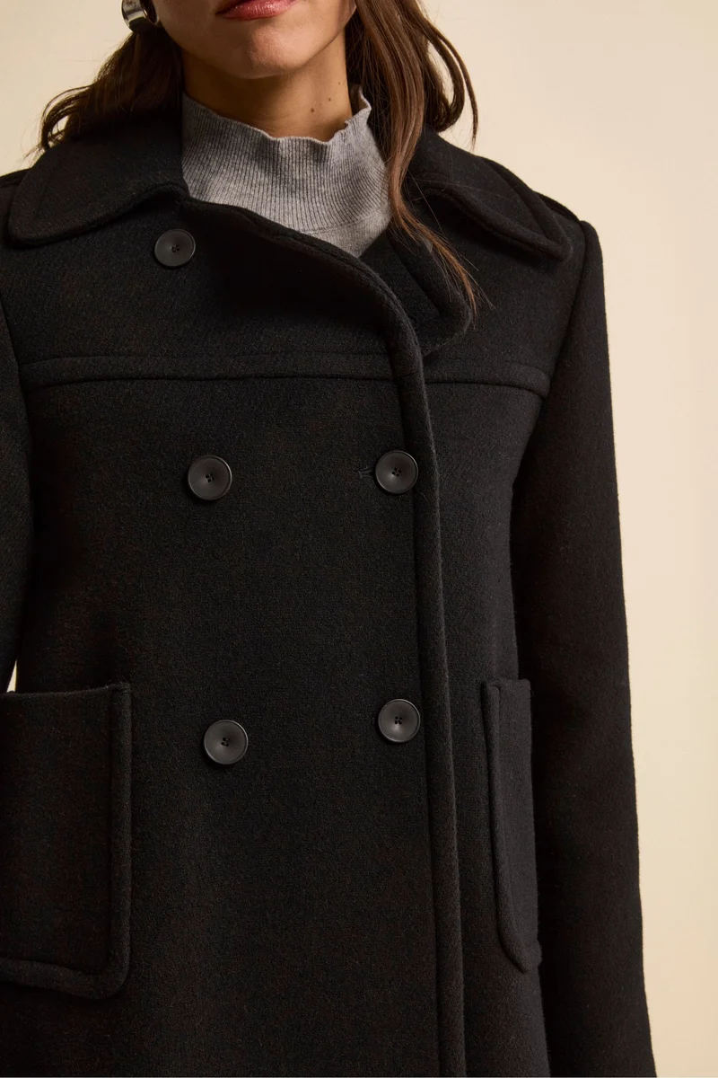 Cappotto Midi Doppiopetto in Lana Vergine con Martingala - NERO