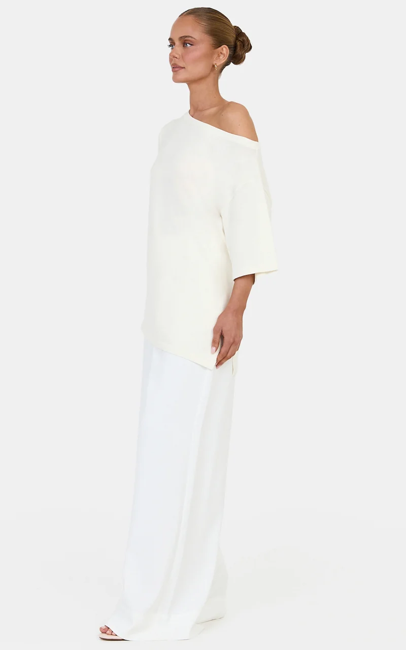 Angela Top - Cotton Oversized Asymmetrical Knit T Shirt in Ivory
