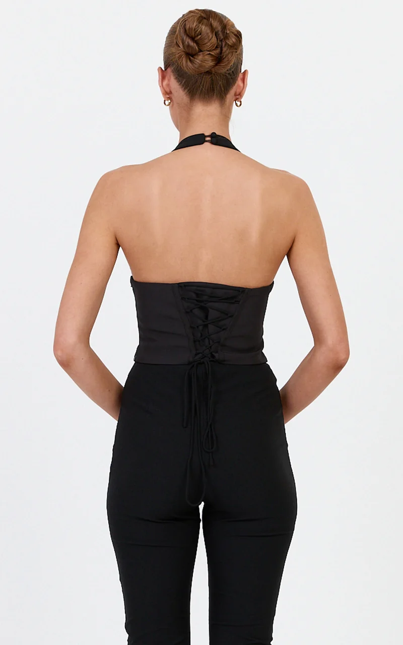 Simone Top - Contrast Corset Halter Neck Top in Black