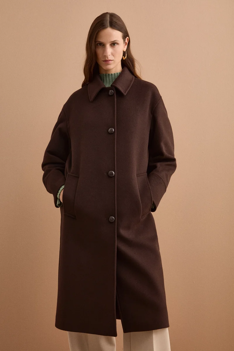 Cappotto Lungo in Lana e Cashmere con Collo a Camicia - T.MORO
