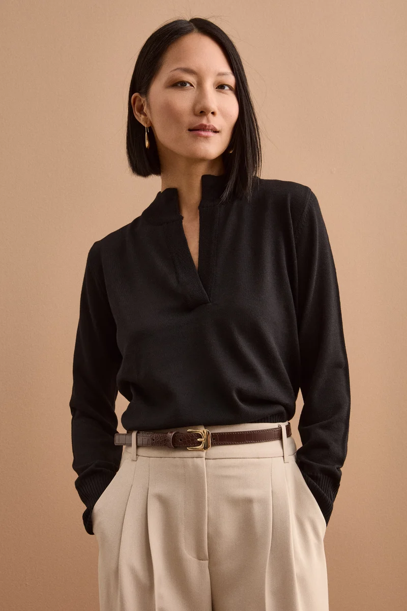 Polo Serafino Manica Lunga in Lana Merino - NERO