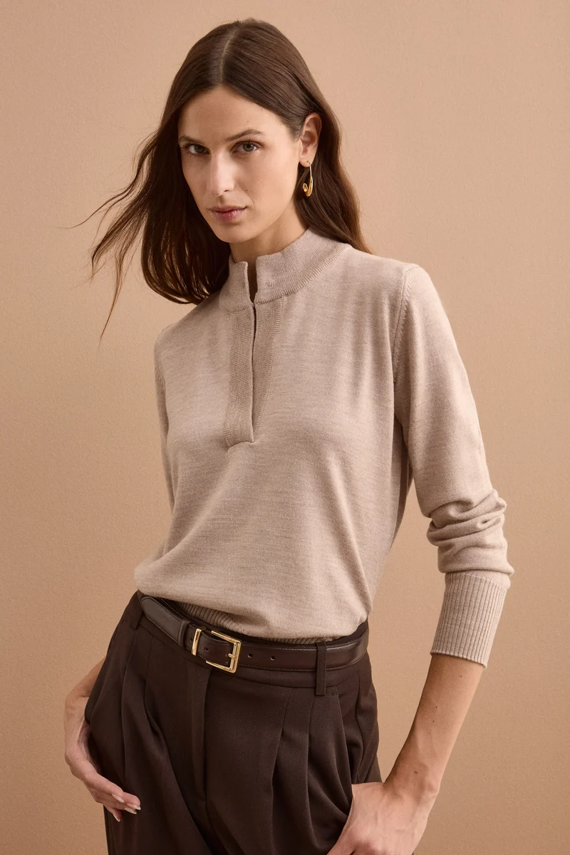 Polo Serafino Manica Lunga in Lana Merino - BEIGE