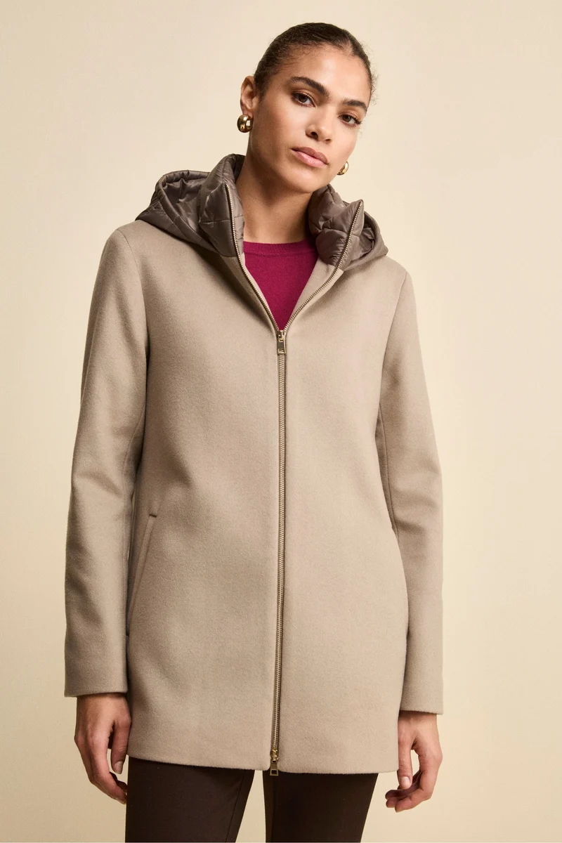 Cappotto Midi in Lana e Cashmere con Zip e Cappuccio - NOCCIOLA