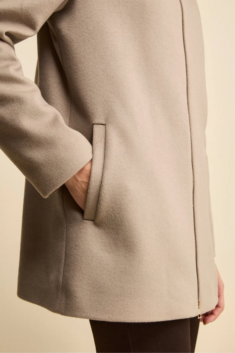 Cappotto Midi in Lana e Cashmere con Zip e Cappuccio - NOCCIOLA