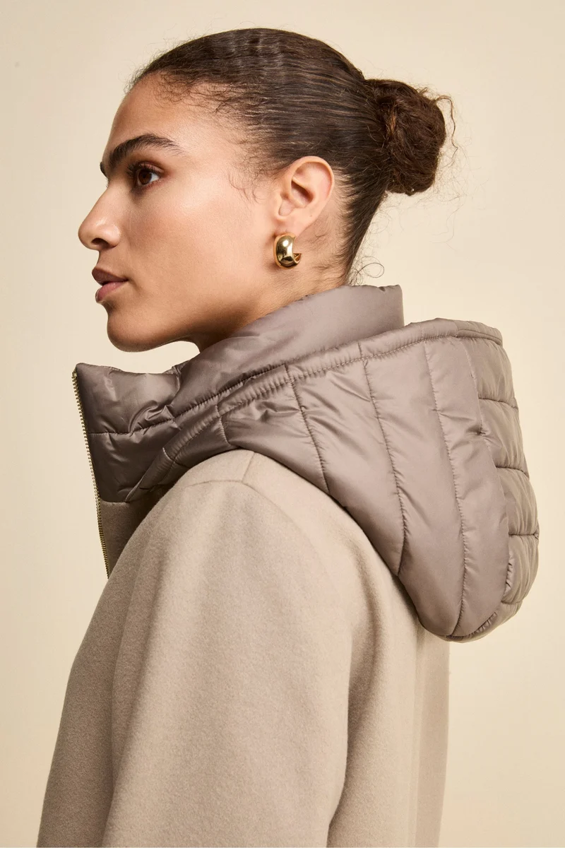 Cappotto Midi in Lana e Cashmere con Zip e Cappuccio - NOCCIOLA