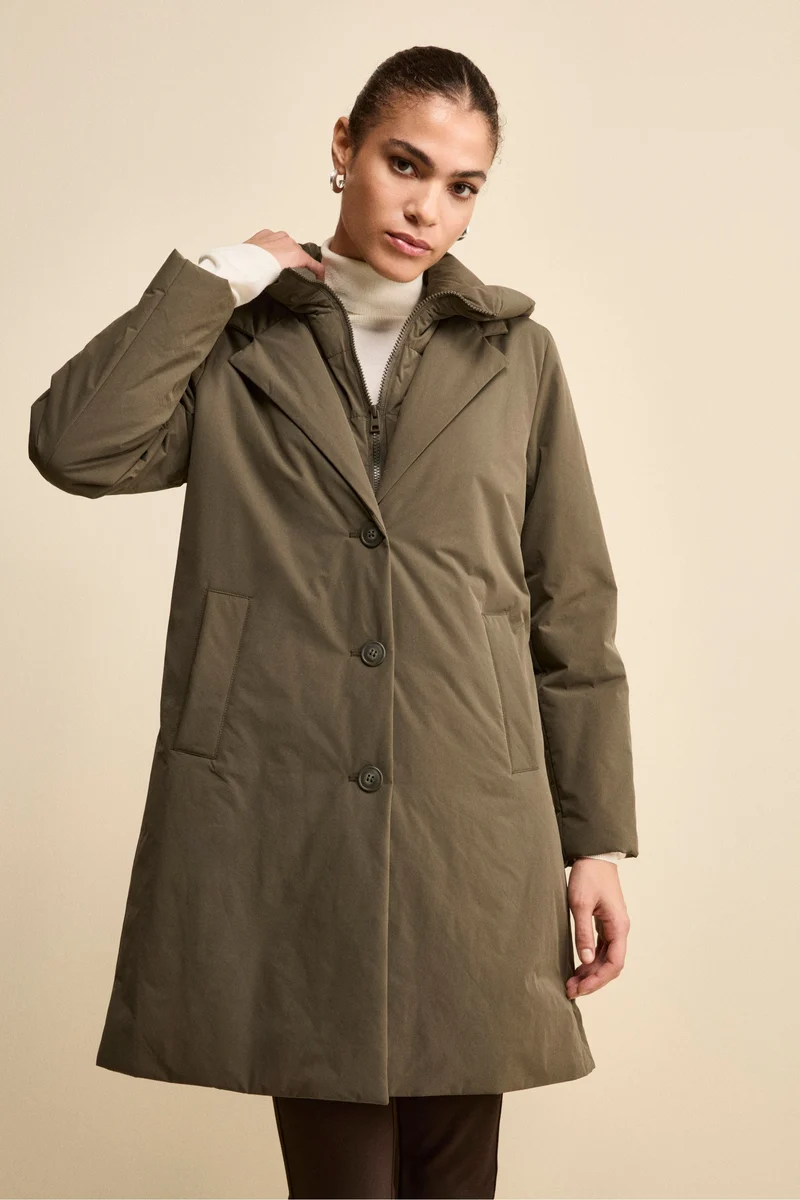Impermeabile Midi Imbottito con Cappuccio Removibile - VERDE MILITARE