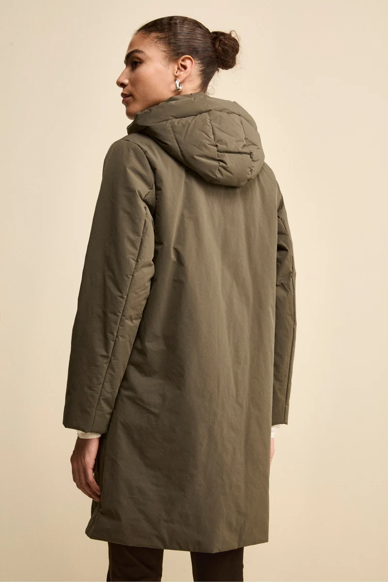 Impermeabile Midi Imbottito con Cappuccio Removibile - VERDE MILITARE