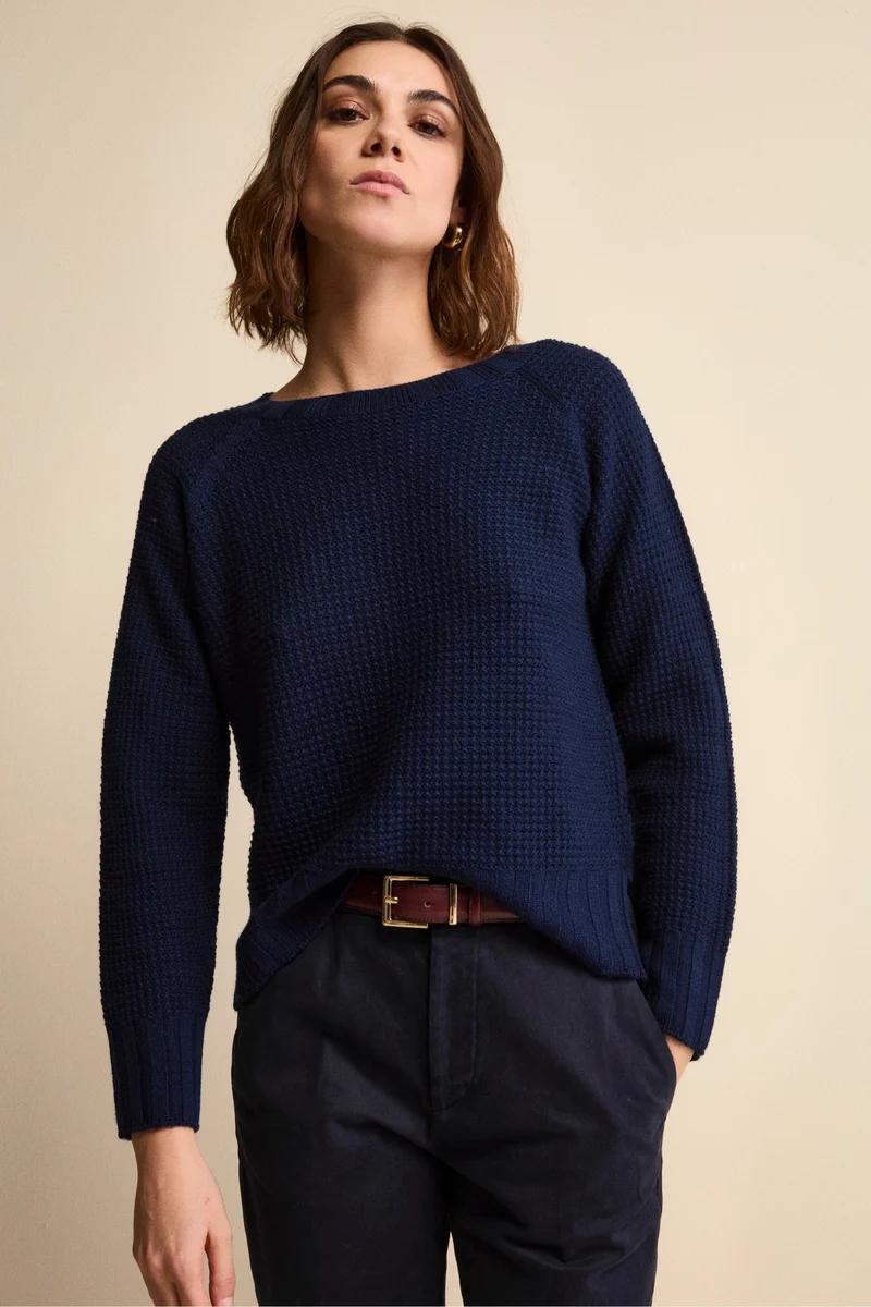 Maglia Scollo Barchetta in Lana Merino Lavorata - NAVY