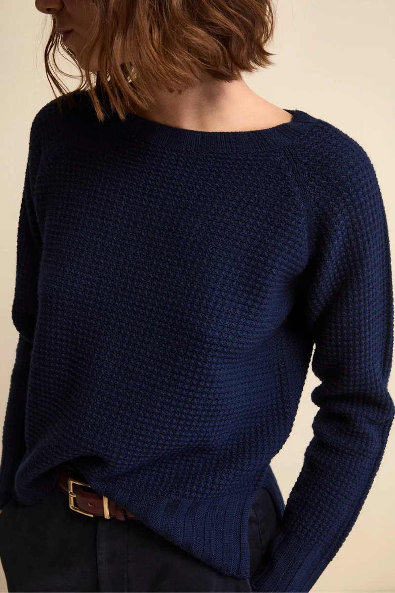 Maglia Scollo Barchetta in Lana Merino Lavorata - NAVY