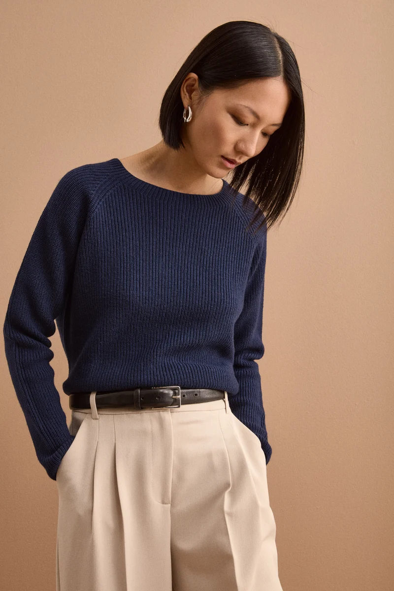 Maglia Girocollo a Coste Inglese in Lana Merino - NAVY