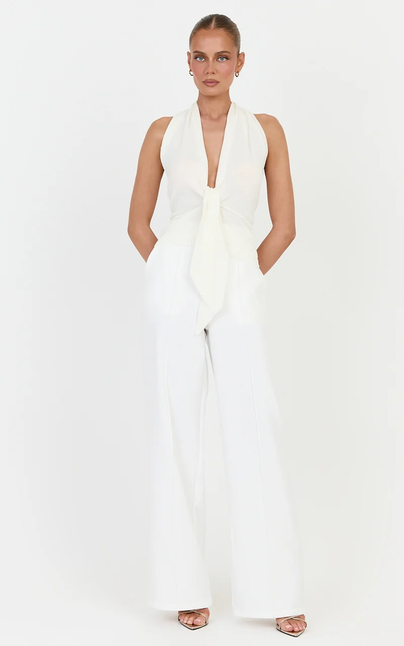 Florence Top - Halterneck Tie Detail Knit Top in Ivory
