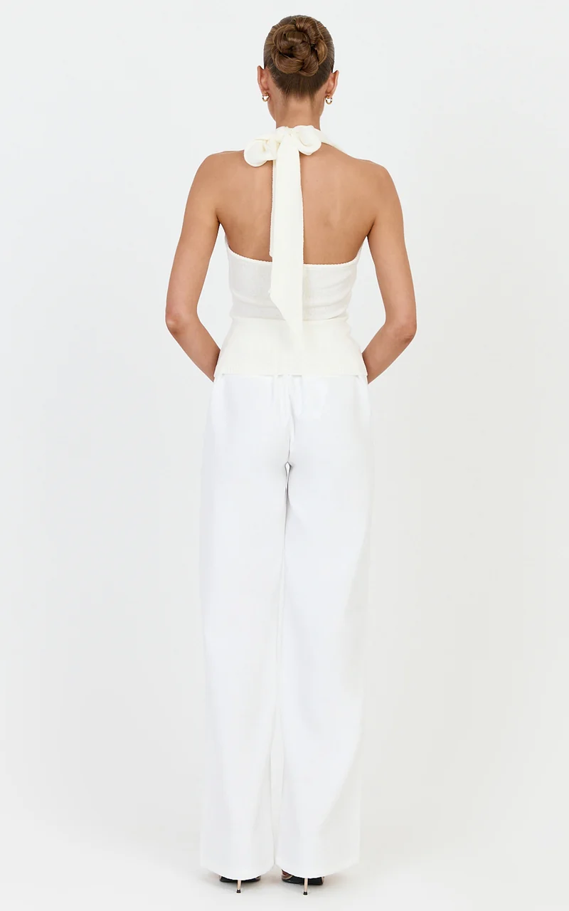 Florence Top - Halterneck Tie Detail Knit Top in Ivory