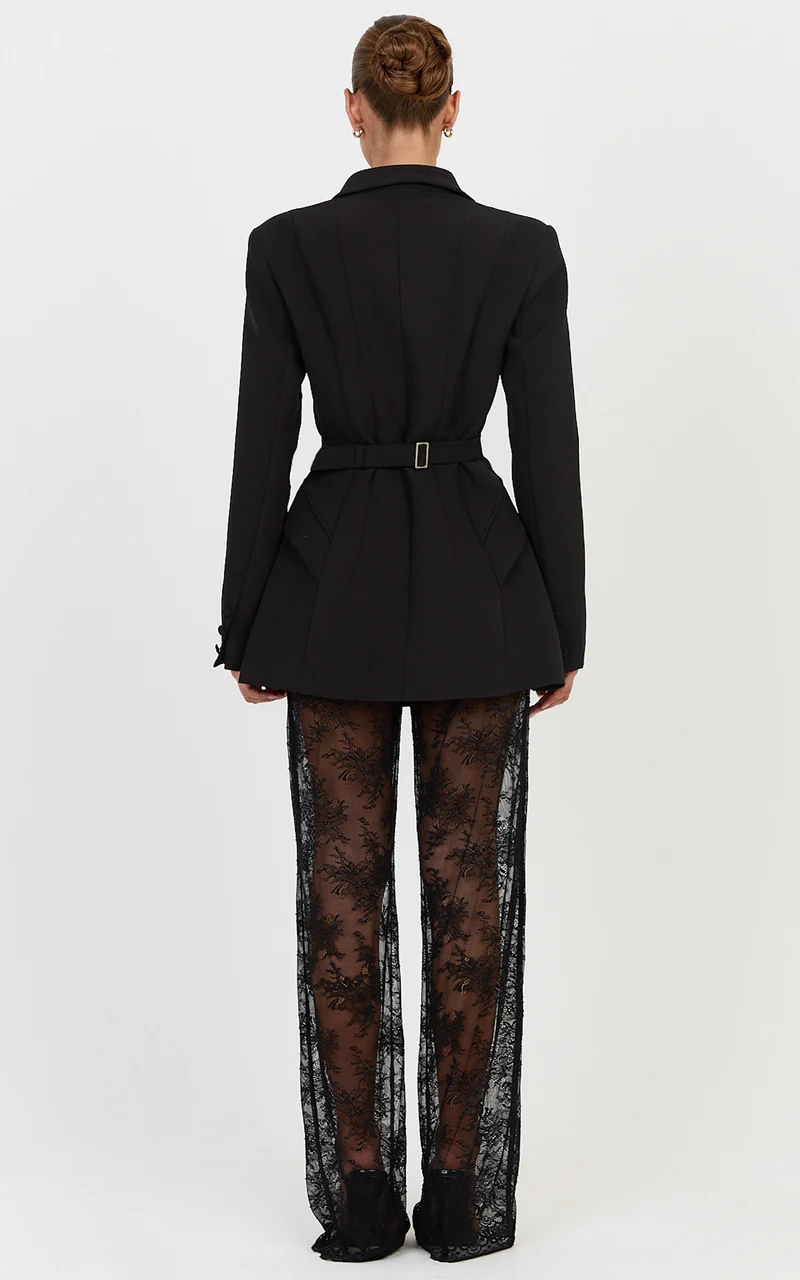 Nyla Blazer - Longline Plunge Neck Cinched Blazer in Black