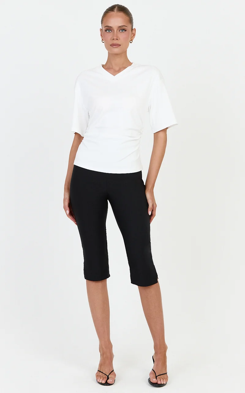 Riva Top - Cotton V Neck Cinched Waist T Shirt in Off White