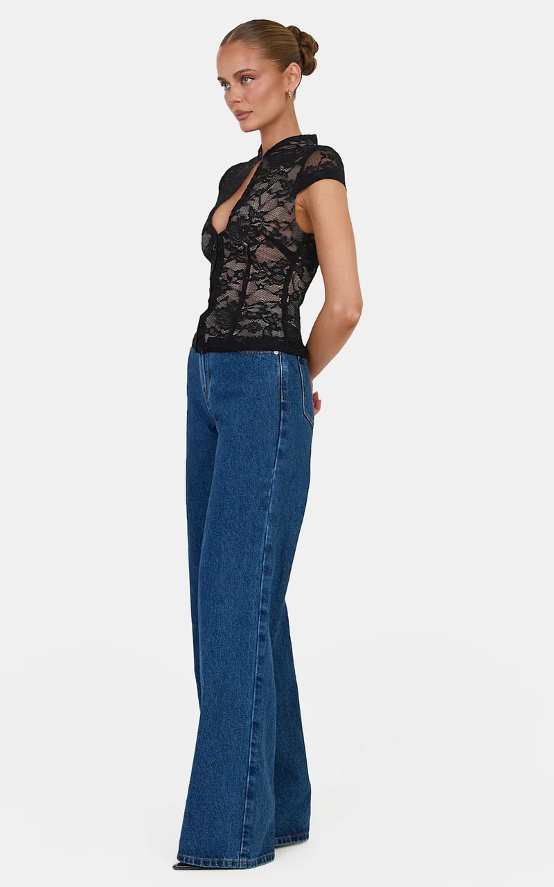 Nyla Top - Mandarin Collar Keyhole Lace Top in Black