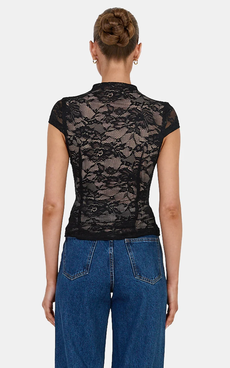 Nyla Top - Mandarin Collar Keyhole Lace Top in Black