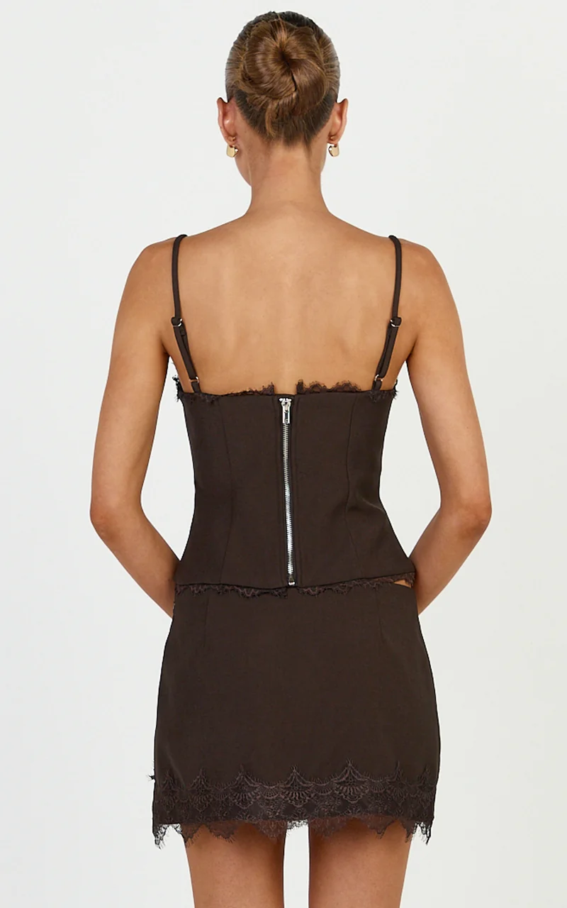 Primrose Top - Fitted Balconette Lace Trim Bodice Top in Dark Chocolate