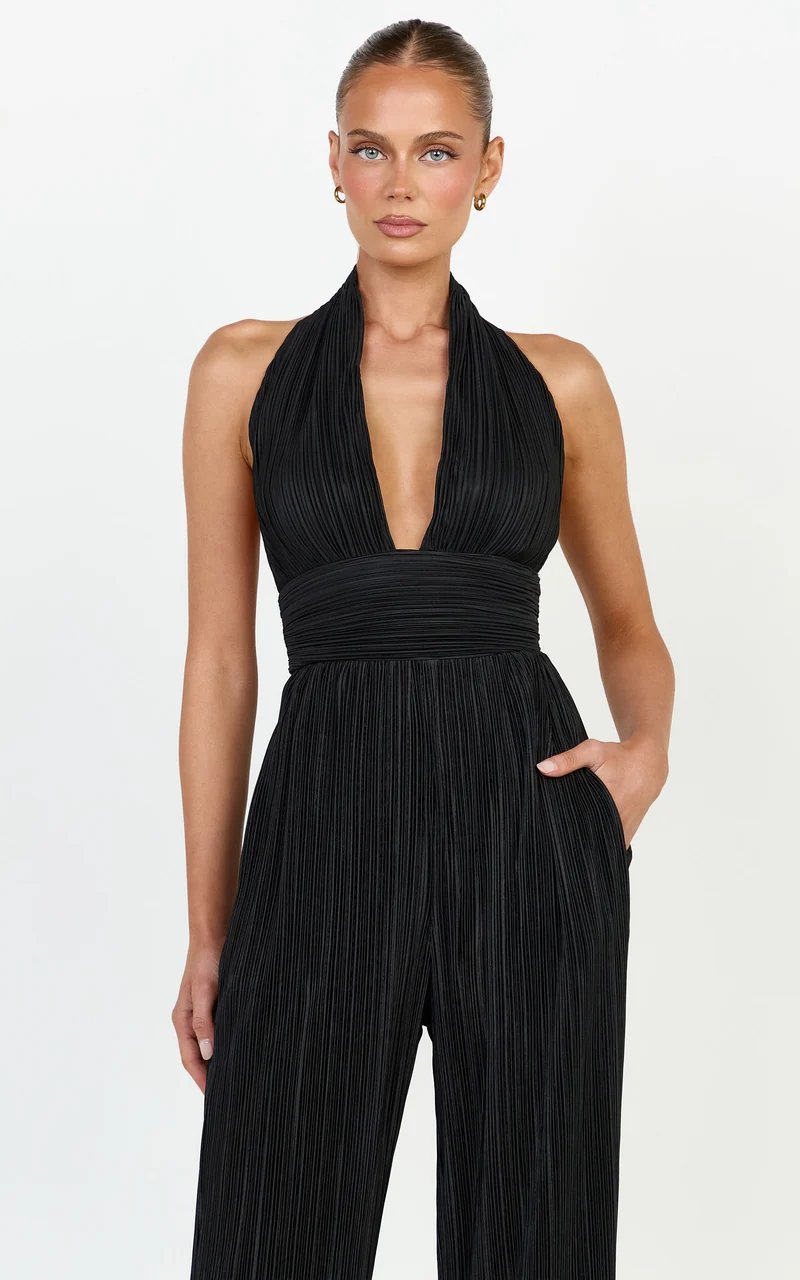 Tessie Top - Plisse Halter Neck Tie Back Top in Black