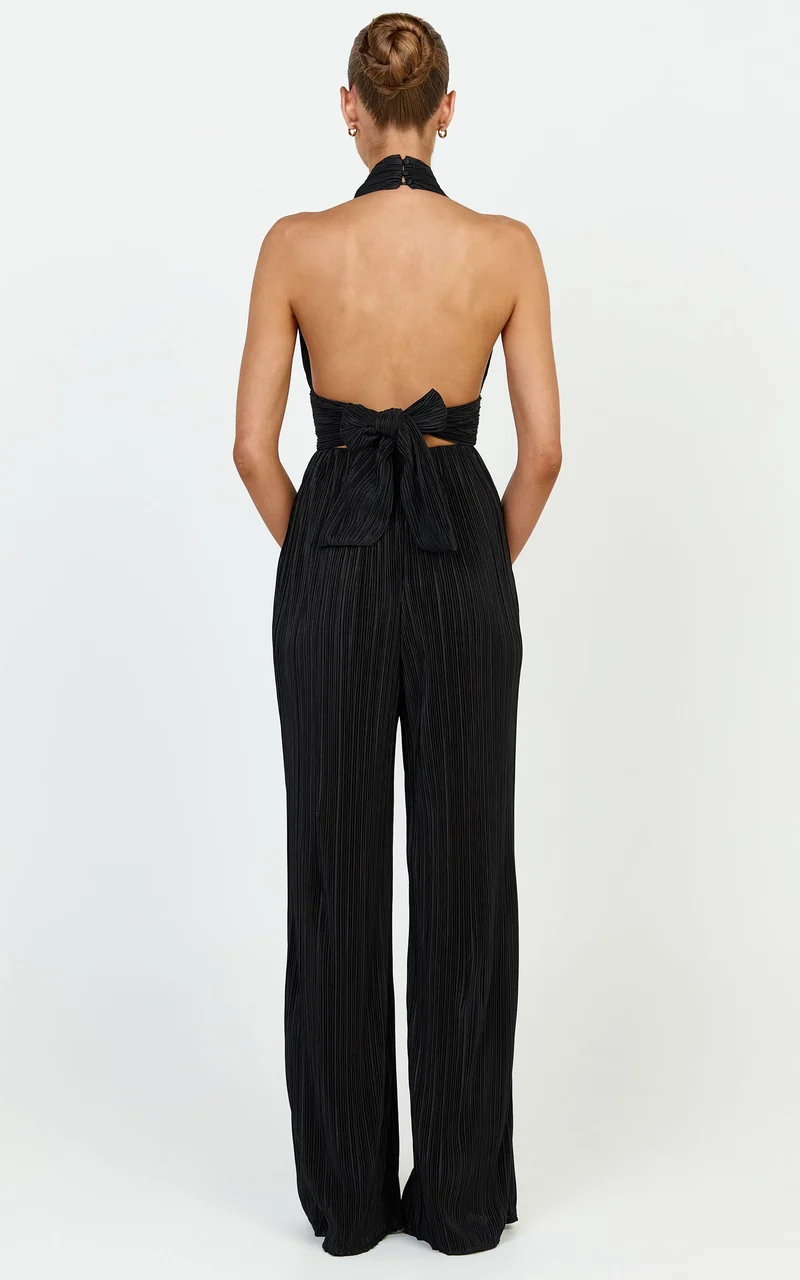 Tessie Top - Plisse Halter Neck Tie Back Top in Black