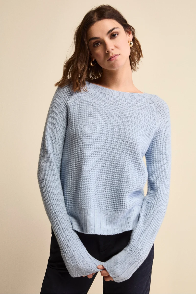 Maglia Scollo Barchetta in Lana Merino Lavorata - AZZURRO