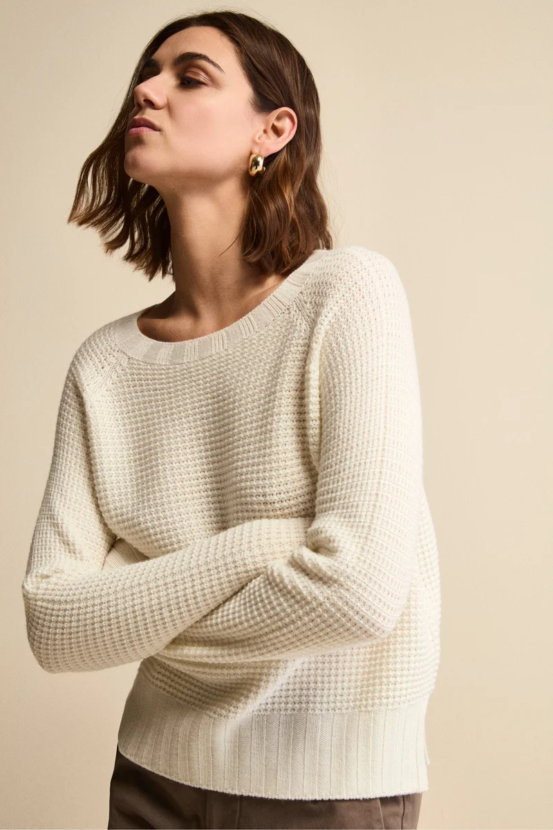 Maglia Scollo Barchetta in Lana Merino Lavorata - ECRU