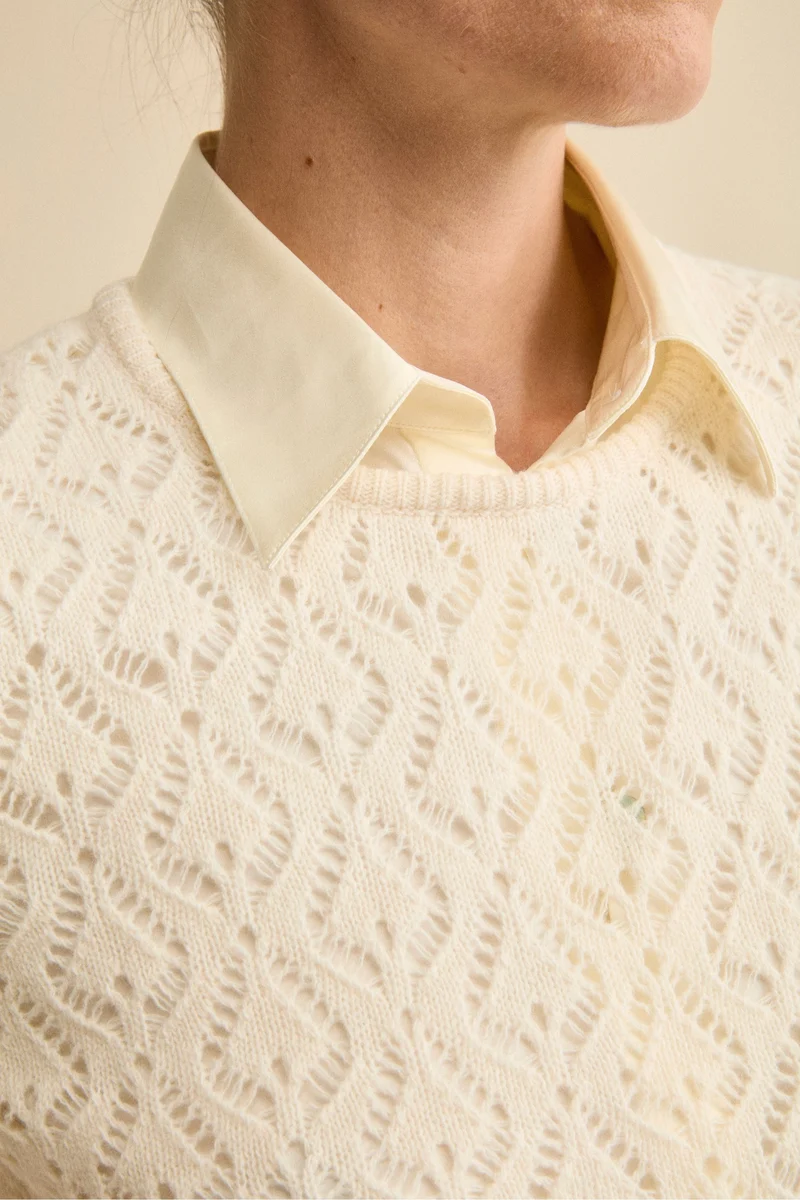 Girocollo Lana e Cashmere Traforato in Punto Pizzo - LATTE