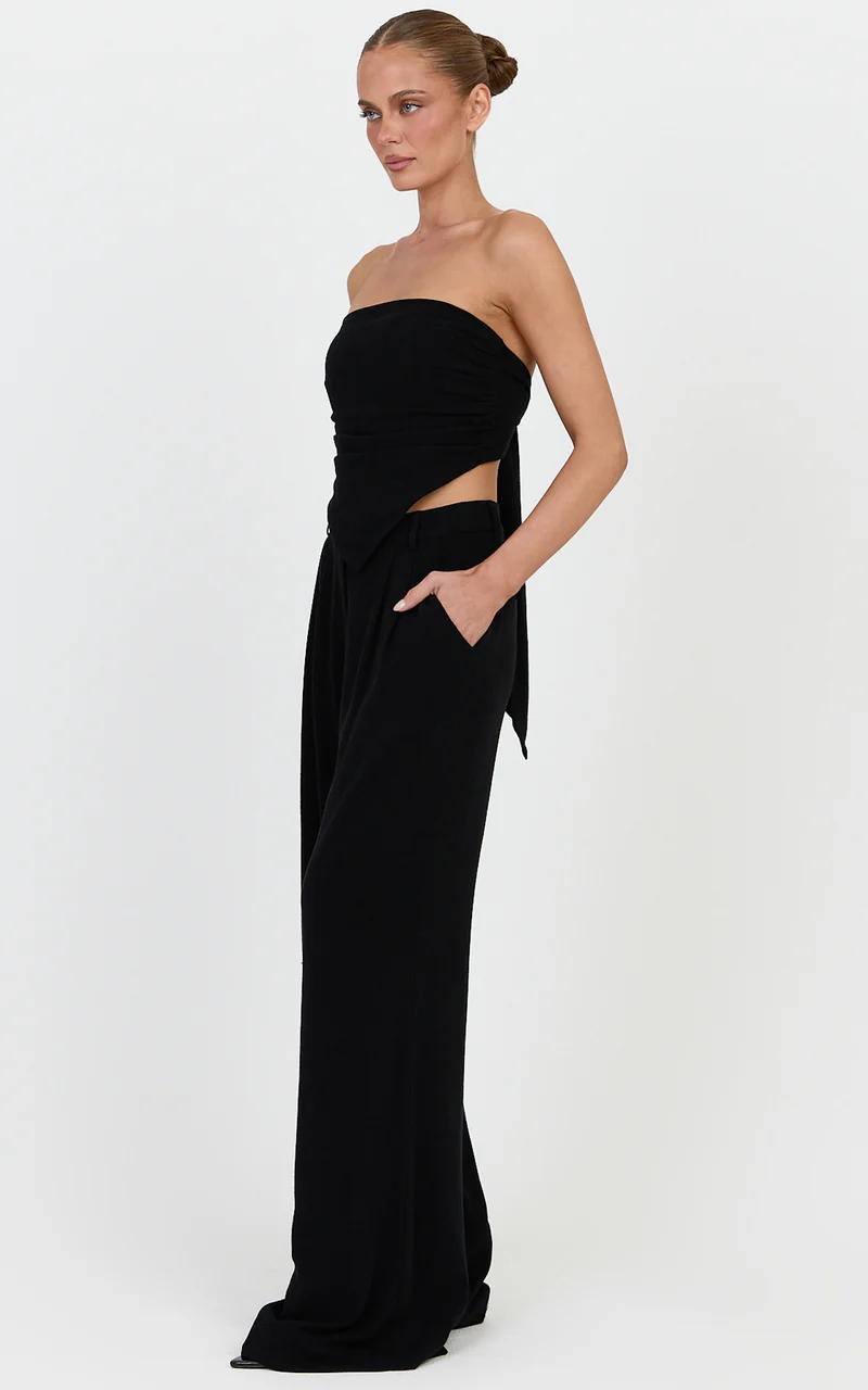 Norma Top - Strapless Linen Blend Scarf Tie Top in Black