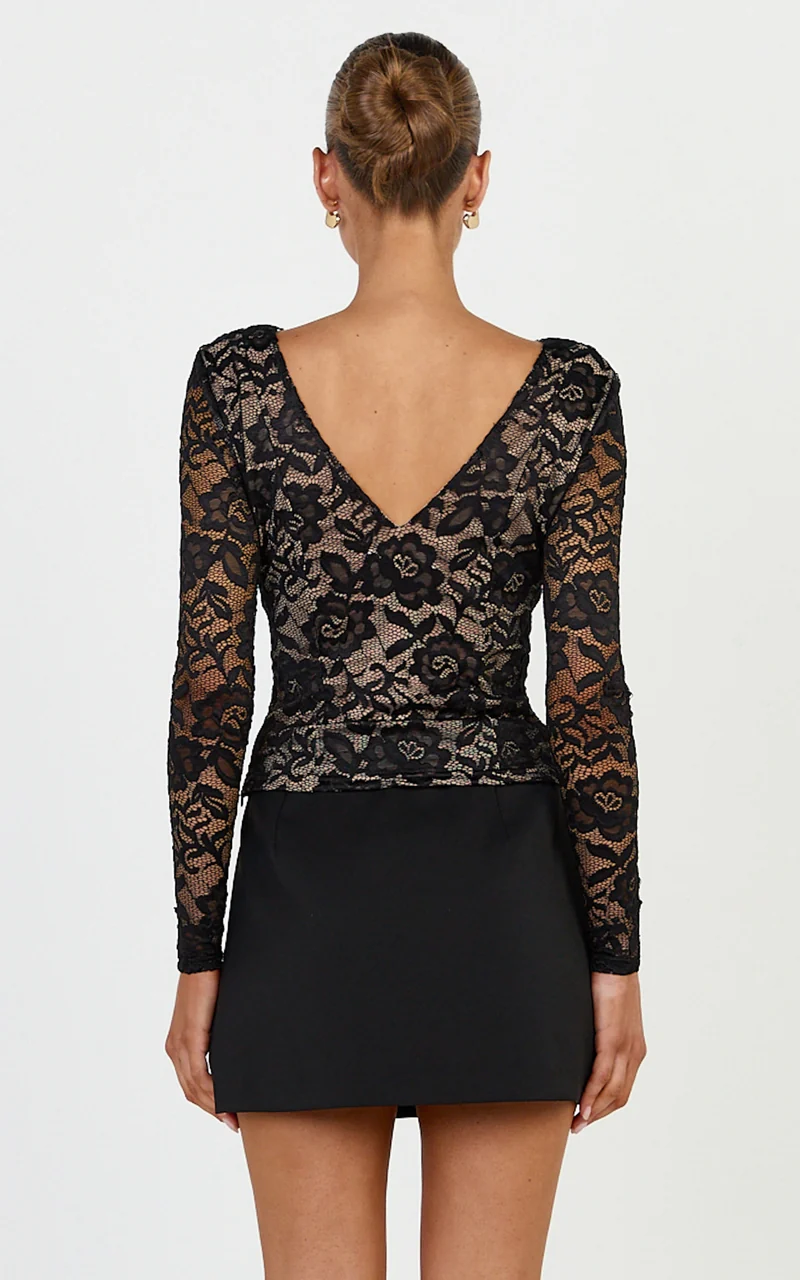 Marlowe Top - V Neck Long Sleeve Lace Top in Black