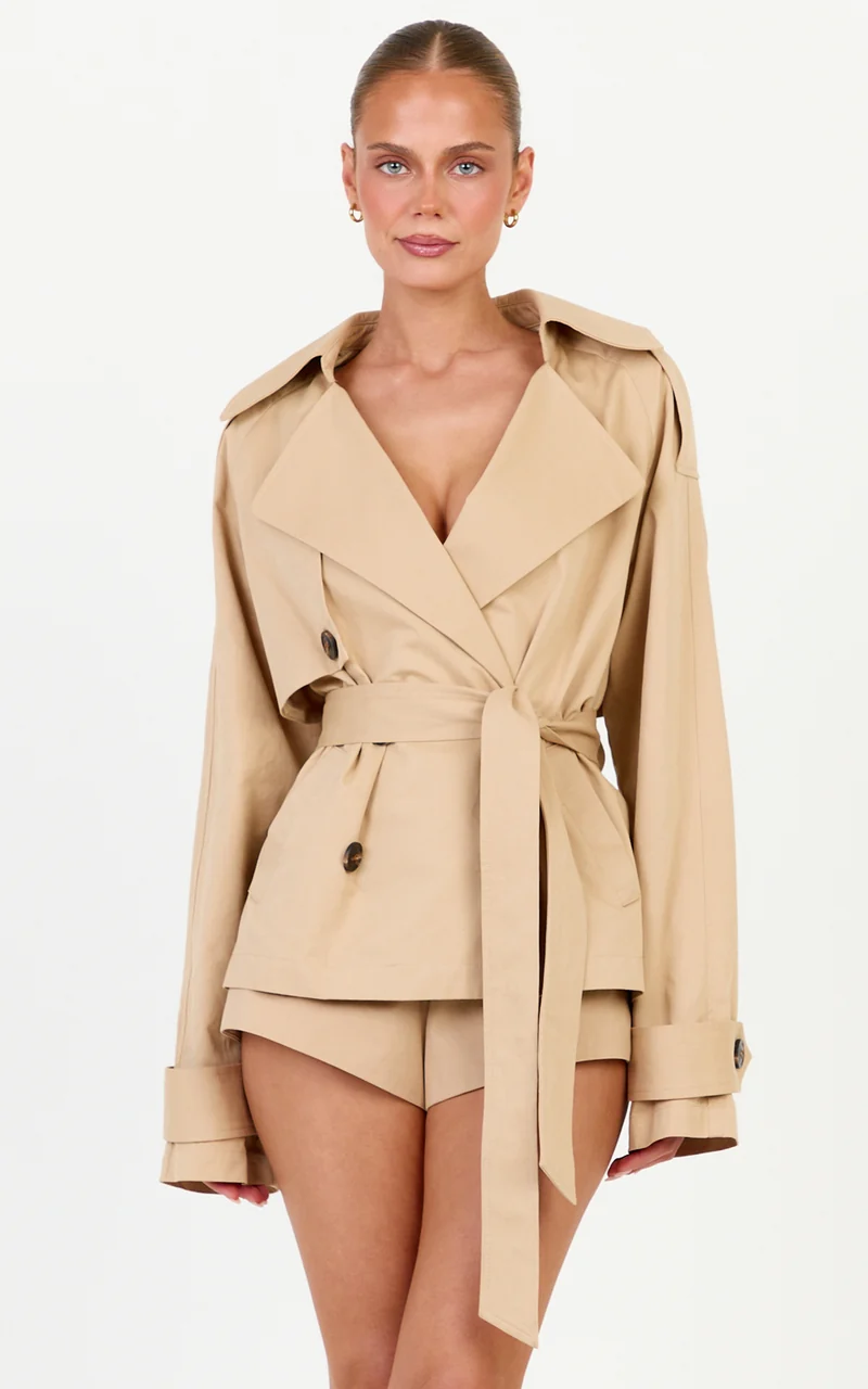 Freya Coat - Oversized Mini Belted Trench Coat in Light Beige